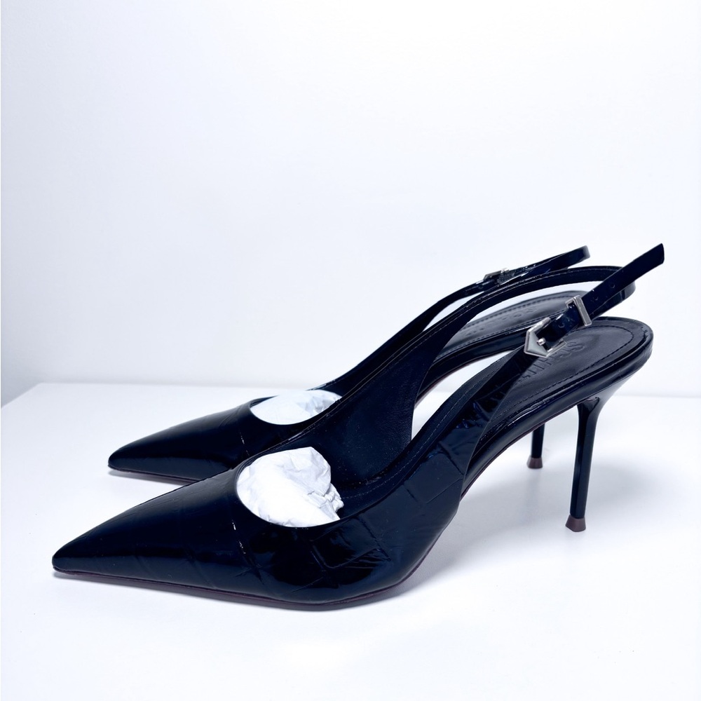 Schutz Paola Black Patent Croc Leather Pointed Toe Slingback Stiletto Heels 8 - Picture 2 of 9